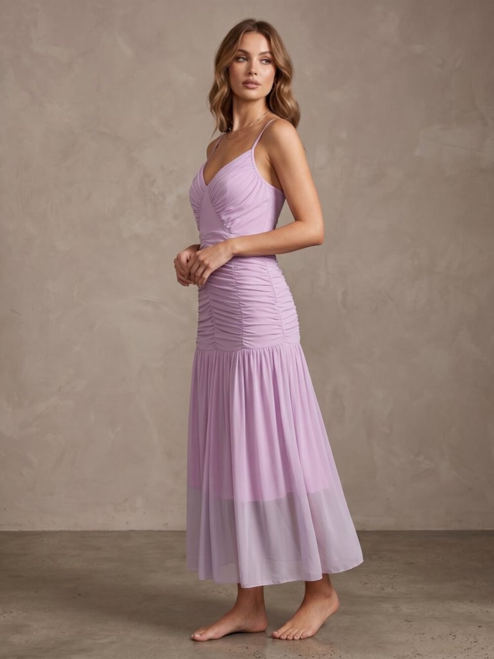 NWOT | Lavender Ruched Bodycon Midi Dress | Adjustable Straps | Size Medium